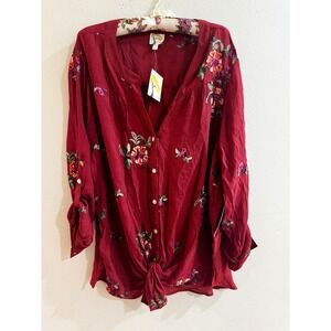 Fig and Flower Burgundy Floral Embroidered Tie Front Button Down Top 3X NWT